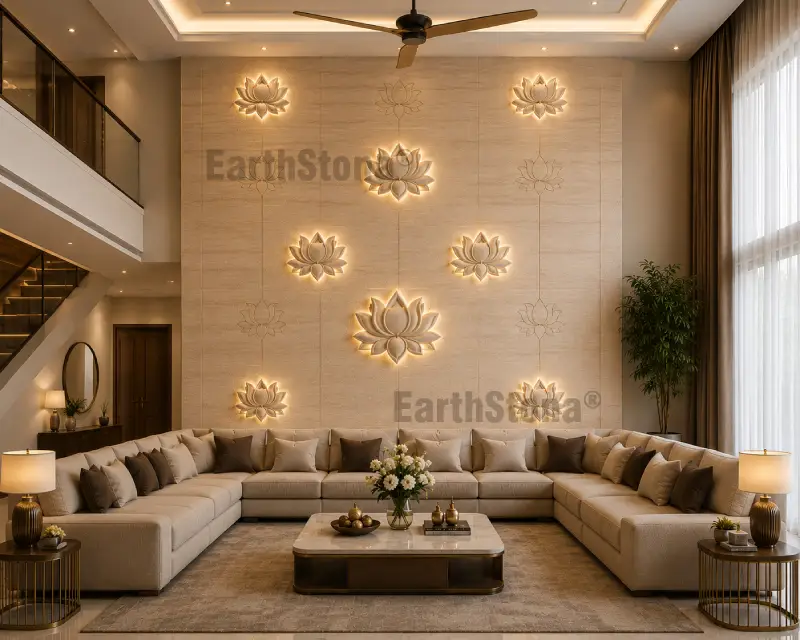 Luxury beige sandstone lotus wall carving with embossed lotus flowers and backlit carving design for living room by EarthStona